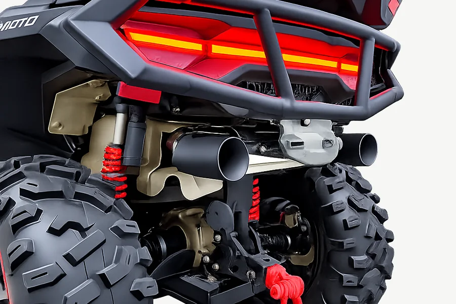 KRready exhaust system fitted to a CFMOTO CForce, rear view